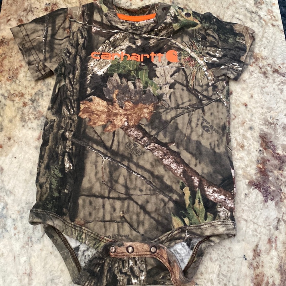 Carhartt Camouflage Baby One-Piece with Orange Logo